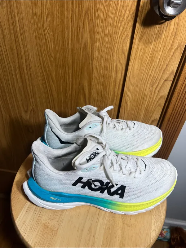 Hoka White Athletic Shoes with Yellow and Teal Accents - Image 4
