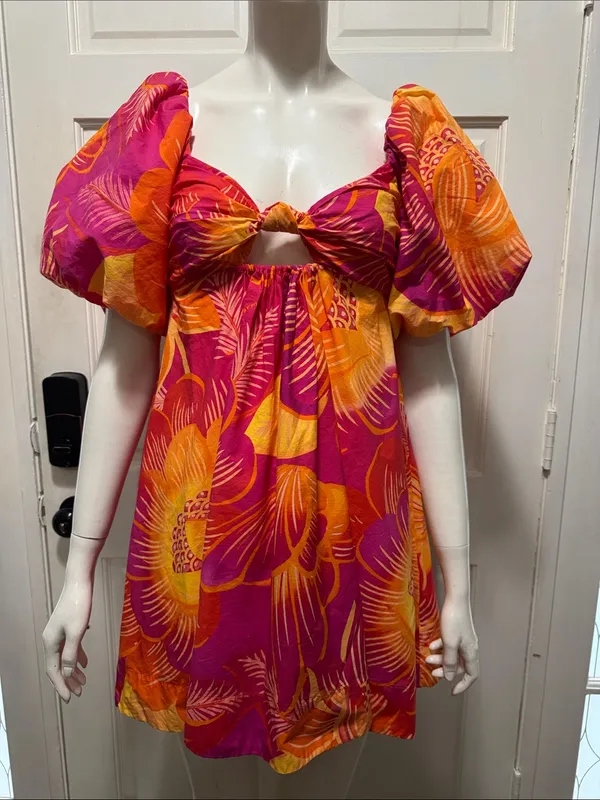 Farm Rio Summer Garden Puff Sleeve Cut Out Dress Womens Sz Small New $185 - Image 3