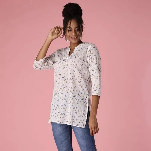 Mahogany Floral Cotton Tunic Top White Blue‎ Yellow Split Neck 3/4 Sleeve Small - Image 9