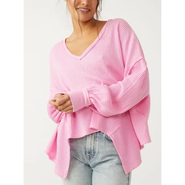 Free People We The Free Coraline Thermal Top Pink Waffle Knit Oversized XS - Image 5