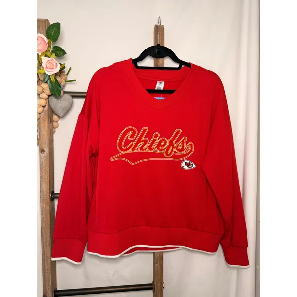 NFL Team Apparel Kansas City Chiefs Red V-Neck Sweatshirt Womens Large NEW - Image 2
