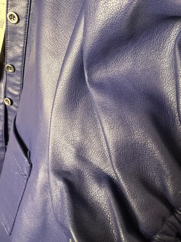 Anthropologie Pilcro Navy Faux Leather Button Front Mini Dress S Collared Puff Sleeve Pockets - Image 4