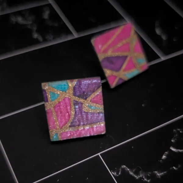 Vintage Stud Earrings Pink/Purple/Teal Geometric Artist Statement - Image 4