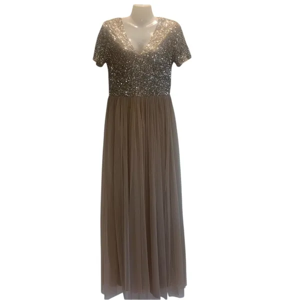 Maya Deluxe (ASOS) Women's Size 6 V-neck Maxi Tulle Dress Chic Sequin Bodice - Image 2
