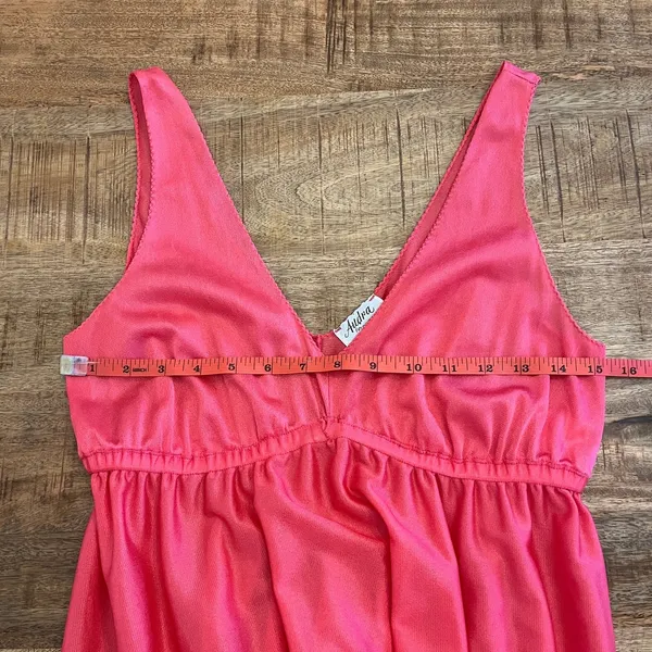 Vintage 70s Maxi Babydoll Slip Dress M Nylon Tiered Coral Nightgown Coquette - Image 9
