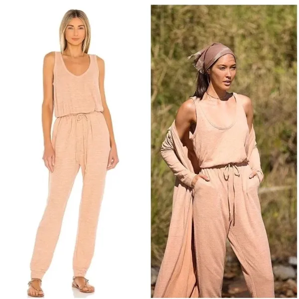 Free People Jumpsuit Size Large Peach FP Beach Marled‎ Knit Sleeveless Jogger - Image 2