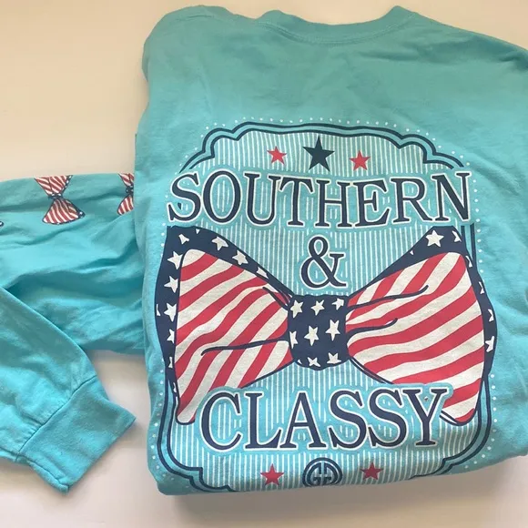 Girlie Girl Southern & Classy USA flag bow long sleeve t-shirt, size large - Image 2