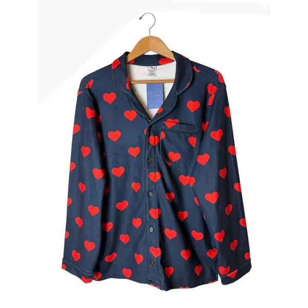 Spark Paws Pajama Top Unisex Medium Blue Red NWT Heart Print Button Down Shirt - Image 2