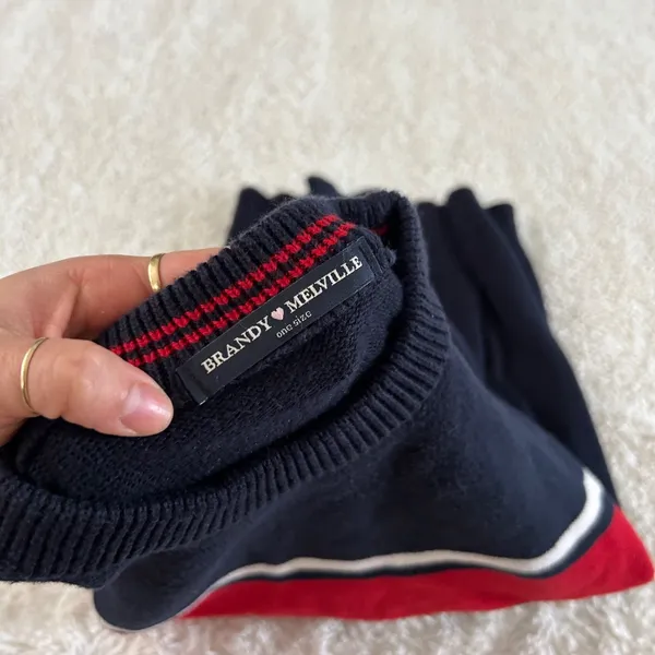Brandy Melville Womens OS Crewneck Strips Navy Red Preppy Country Club Casual - Image 5