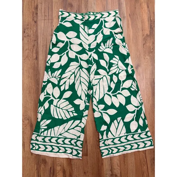 Atelier Nicole Miller Women L Linen Blend Green Floral Wide Leg Crop Pants - Image 2