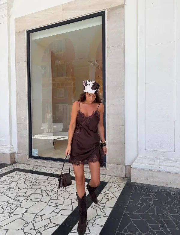 Zara Elegant Brown Lace Slip Satin Mini Asymmetric Dress blogger favorite - Image 5