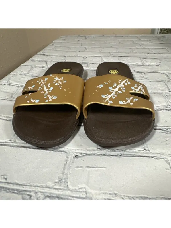 OKABASHI Women’s Gold Brown Slides Size Medium Slip On Sandals US Sz 6.5-7.5 - Image 2