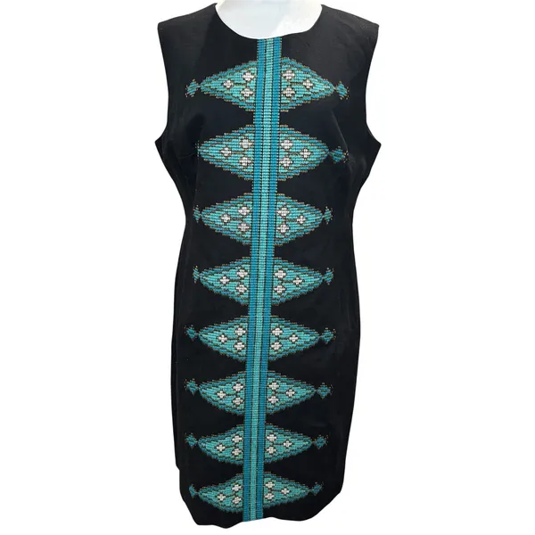 Anthropologie Tabitha Black Cotton Diamond Embroidered‎ Boho Sleeveless Dress 12 - Image 2