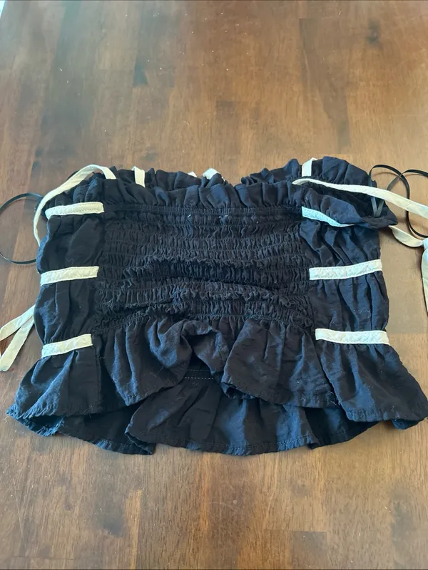 Thirty Thirty LA Crop Top Ruffle Bow Ties Black Cream Coquette Y2K Women's XS - Image 9