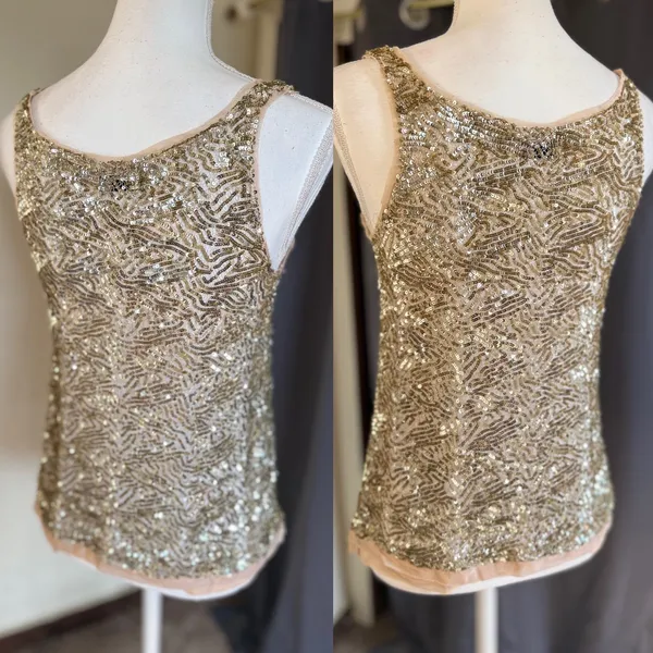 Wren 100% Silk Sequin‎ Embroidered Tank Top Champagne XS Made USA - Image 3