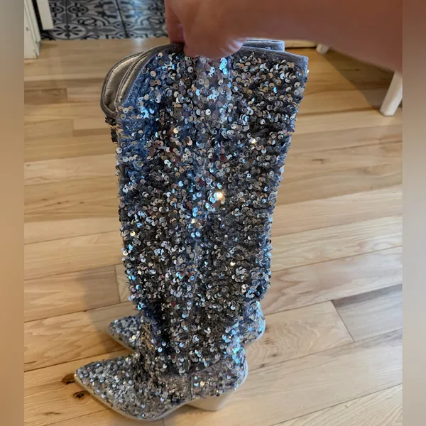 Steve Madden hi heel Boots Tyrus silver Sequin - size 6! NEW! - Image 5