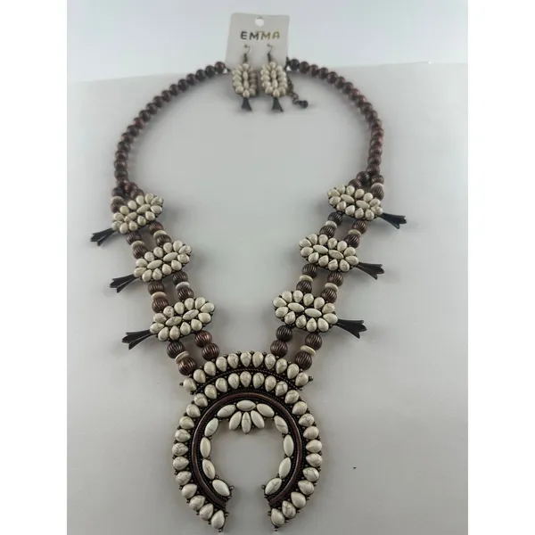 EMMA Southwestern White Stone & Copper Squash Blossom Necklace and Earring Set - Image 2