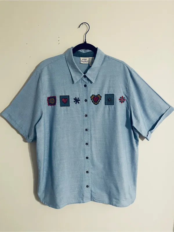Vtg Koret City Blues Chambray Shirt 18W Embroidery Beads Crochet 90’s Teacher - Image 2
