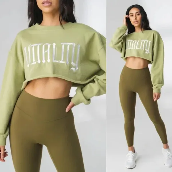 Vitality | Balance Athletica Warm Up Raw Hem Crop‎ Crewneck Sweatshirt Green - Image 2