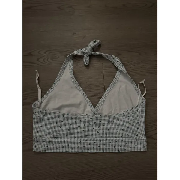 Vintage Energie Gingham Floral Halter Top Blue White Crop XL Cottagecore Y2K - Image 2