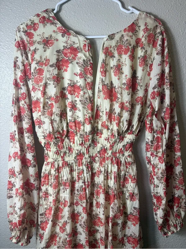 Free People "Keep You" Floral Long Sleeve Mini Dress‎ Smocked Waist Boho Size S - Image 6
