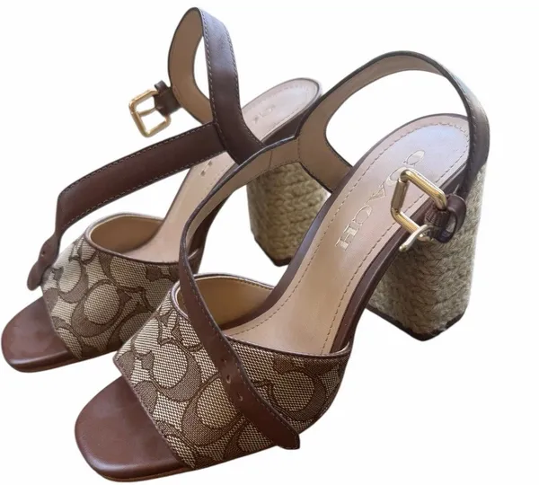 NEW Coach Logo Maddy Sandal Khaki Saddle Summer Woven Block Heel $198.00 Tan - Image 5