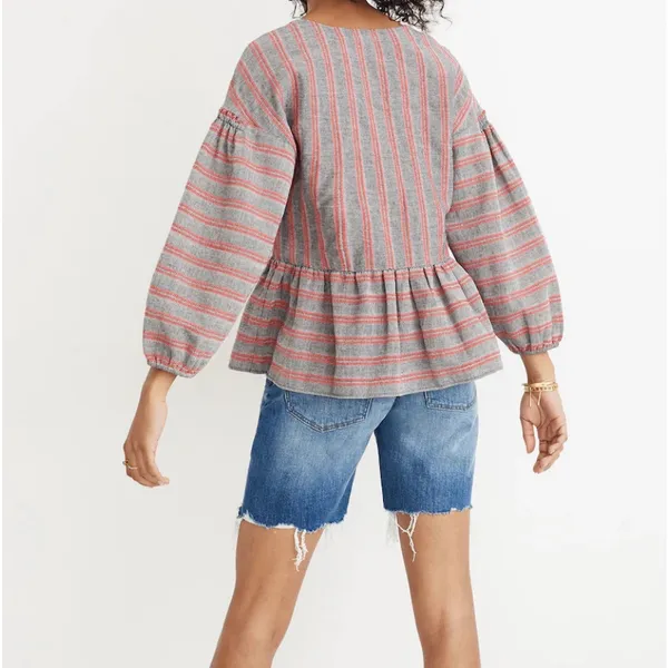 Madewell Striped Bubble-Sleeve Peplum Top V-Neck Size L - Image 3