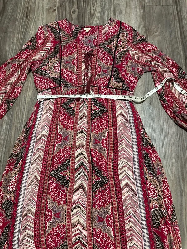 Reba Red & Brown Boho Tie-Front Long-Sleeve Midi Dress - Image 11