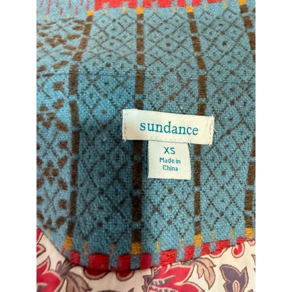 Sundance XS Wool Blend Plaid Long Coat Teal Red Boho Cottagecore Artsy Statement - Image 11