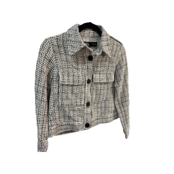 Zara Women's Black/White Tweed Pattern Button Front Collared Pocket Jacket, XS - Image 6