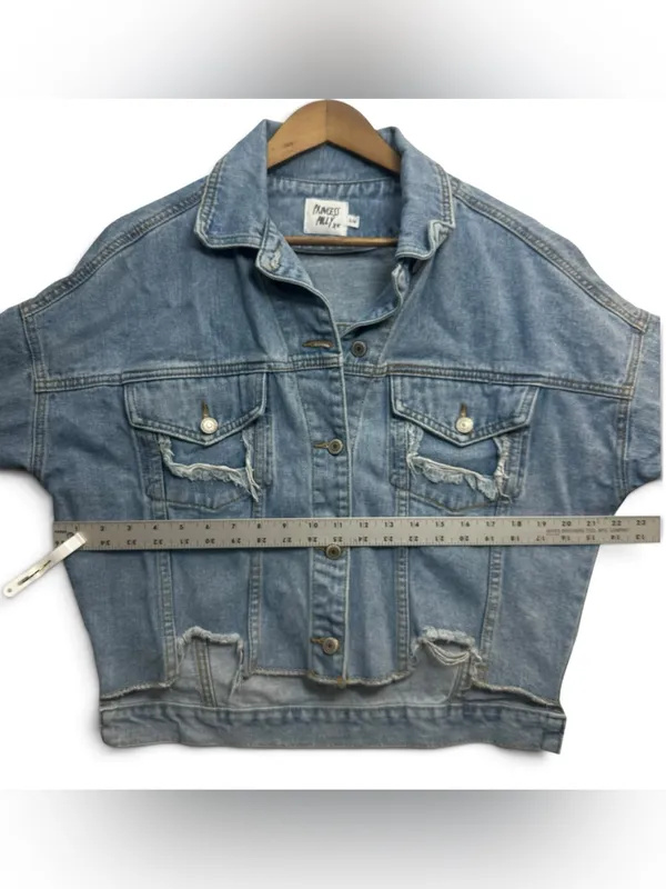 Princess Polly S/M Oversized Distressed Denim Jacket Light Wash Raw Hem - Image 5