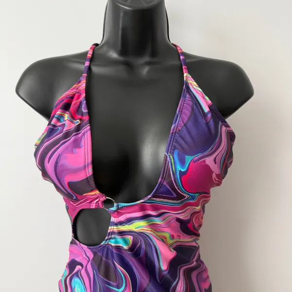 Purple L Marble One Piece‎ Swimsuit Cutout High Leg Monokini Rave Beach Coastal - Image 2