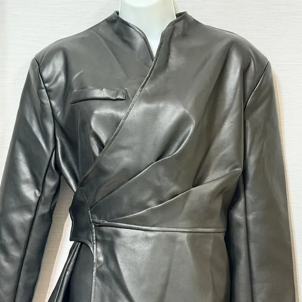 Missguided Womens Faux Leather Wrap Jacket Black Peplum Stand Collar medium - Image 6