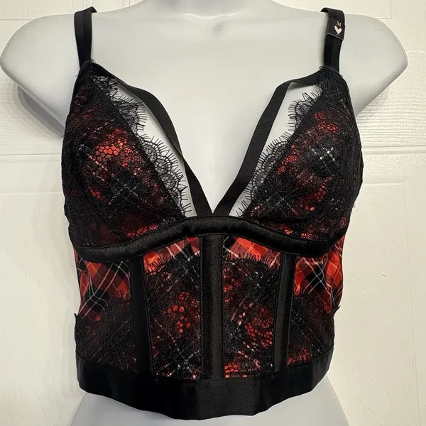 Victorias Secret Med Red Black Plaid Lace Satin Bustier‎ Longline Bra Very Sexy - Image 4