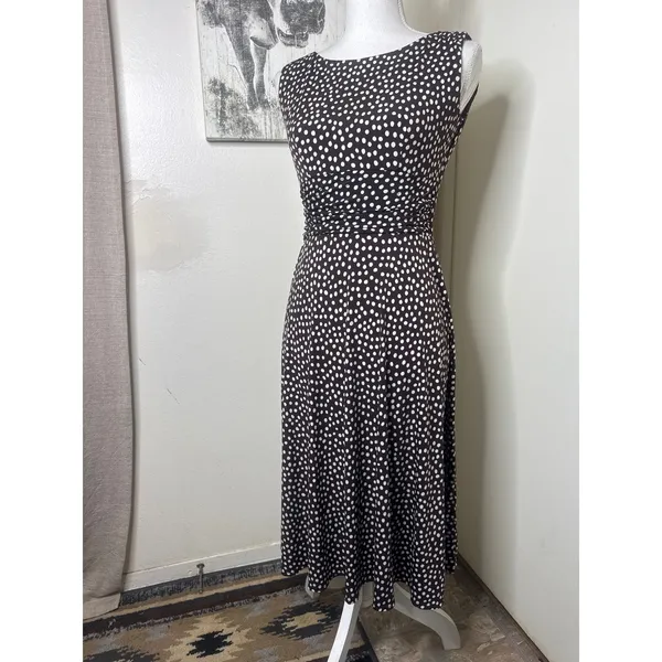 Perceptions Petite Brown & White Polka Dot Sleeveless Midi Dress - Size 4P - Image 2