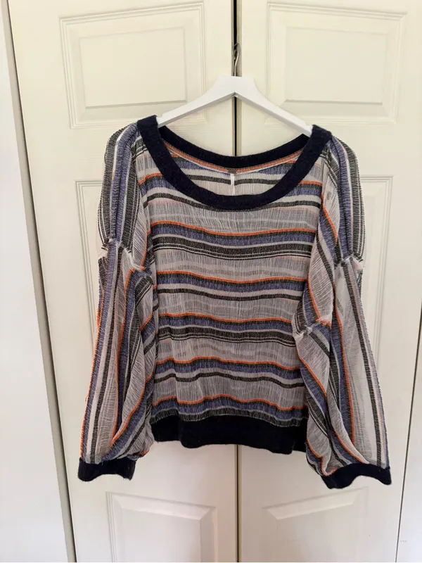 Free People Oversized Striped Boatneck Sweater Slightly Sheer Navy Blue Large - Image 2