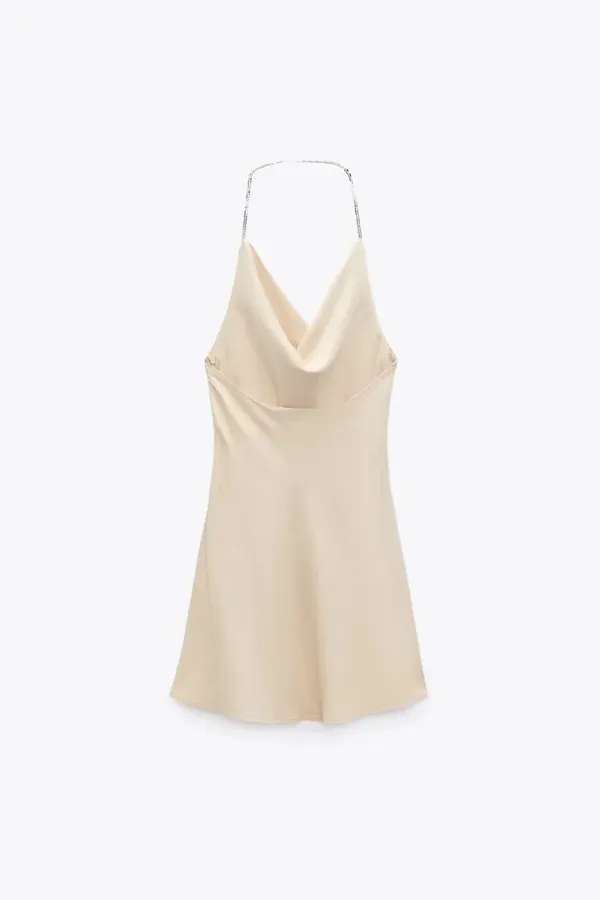 ZARA Satin Like Beige Tan Stones Party Cocktail Wedding Mini Dress - Image 6