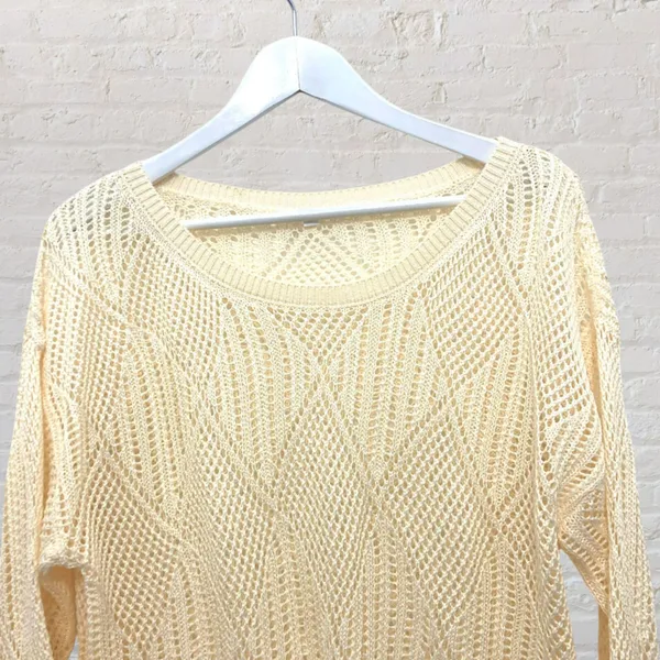 Cream Open Weave Crochet Oversized Slouchy Knit Sweater S - Image 4