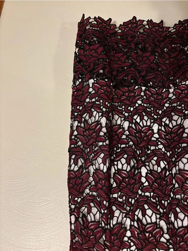 Solitaire Lace Cocktail Dress Large Burgundy Black Embroidered High Neck Midi - Image 6