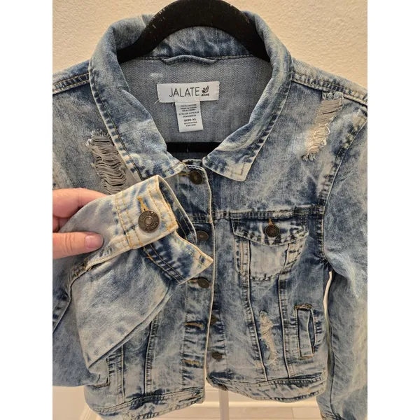 Garage Jalate XL Vintage Blue Acid Wash Distressed Denim Jacket Women Shrunken Crop - Image 3