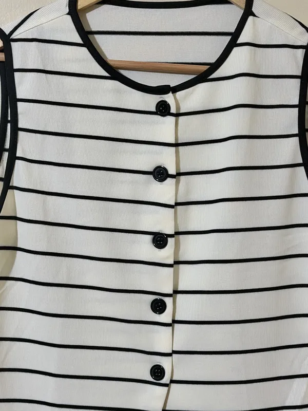 SHEIN Top Striped Sleeveless Button-Up Knit Black XL Women - Image 3