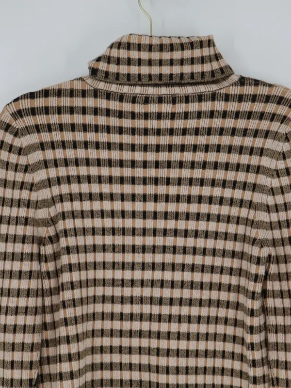 Maeve Anthropologie Sweater Large Fitted Stretch Plaid Cowl Neck Brown Black - Image 10