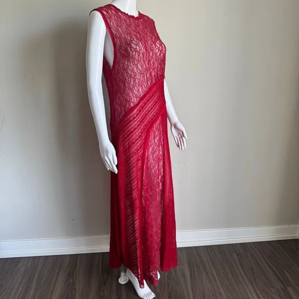 Urban Outfitters Maxine Knit Sheer Lace Maxi Dress Size L Red - Image 3