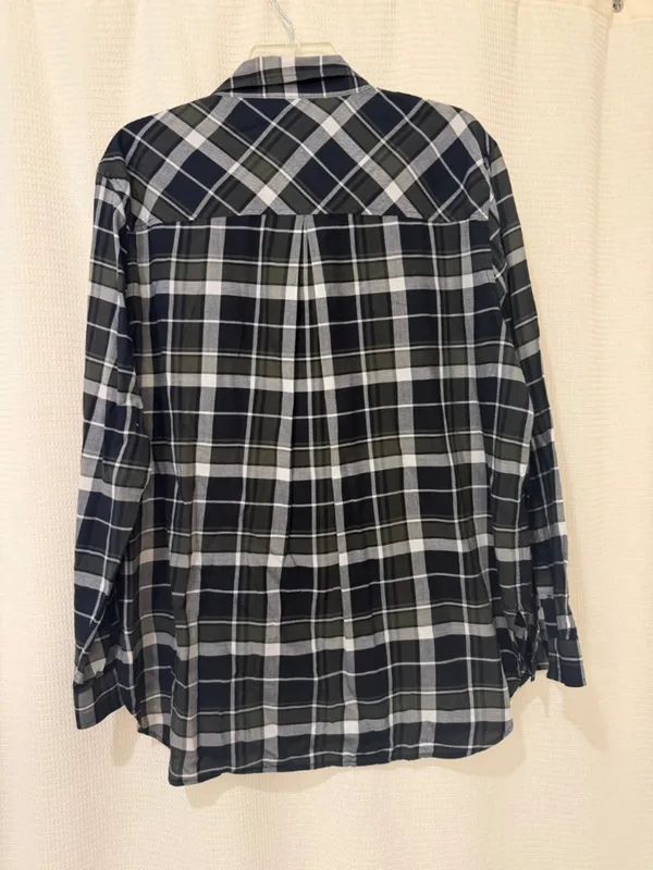 Athleta XL Plaid Button Down Shirt Gray Black 100% Cotton Long Sleeve - Image 2