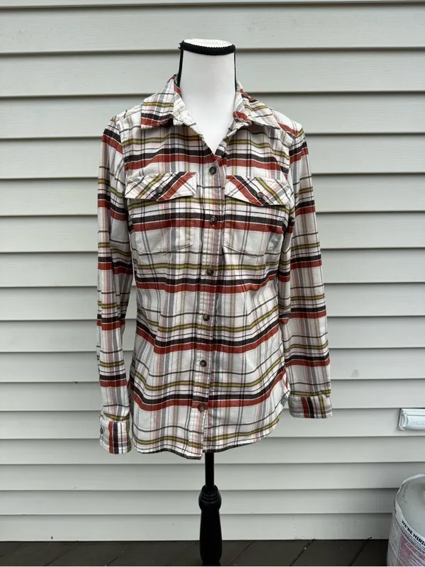L.L. Bean | Plaid Button-Down Shirt - Cream, Rust & Olive Stripe size small - Image 9
