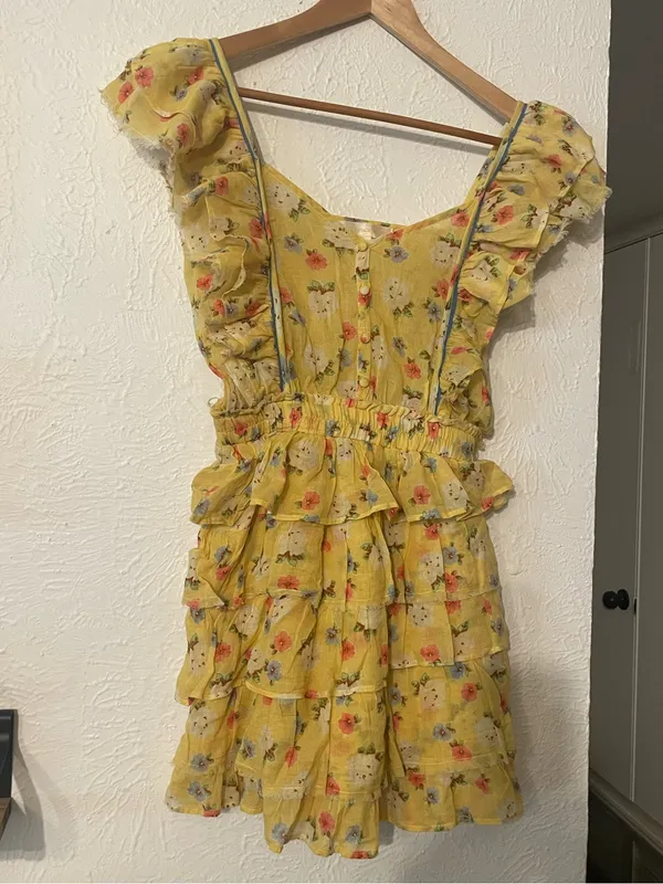 LoveShackFancy Phyllis Yellow Floral Ruffle Tiered Mini Dress Size XS - Image 3
