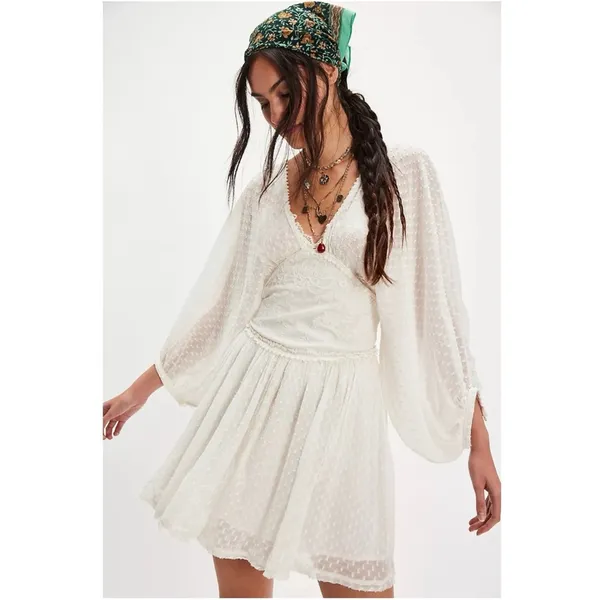 Free People Bohemian Ethereal Cottage Sweet Dreams Mini Dress in Tofu Medium - Image 2