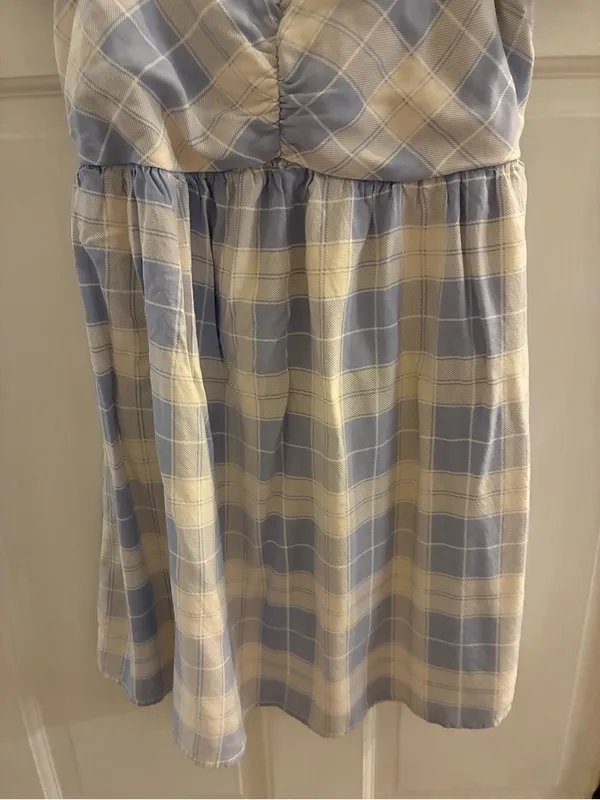 Prómesa Women’s Brand Light Blue and Cream Plaid Puff Sleeve Dress Size Small - Image 3
