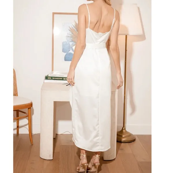 NEW Lulus Joice White Satin Tie Waist Wedding Bridal Shower Midi Dress Medium - Image 5