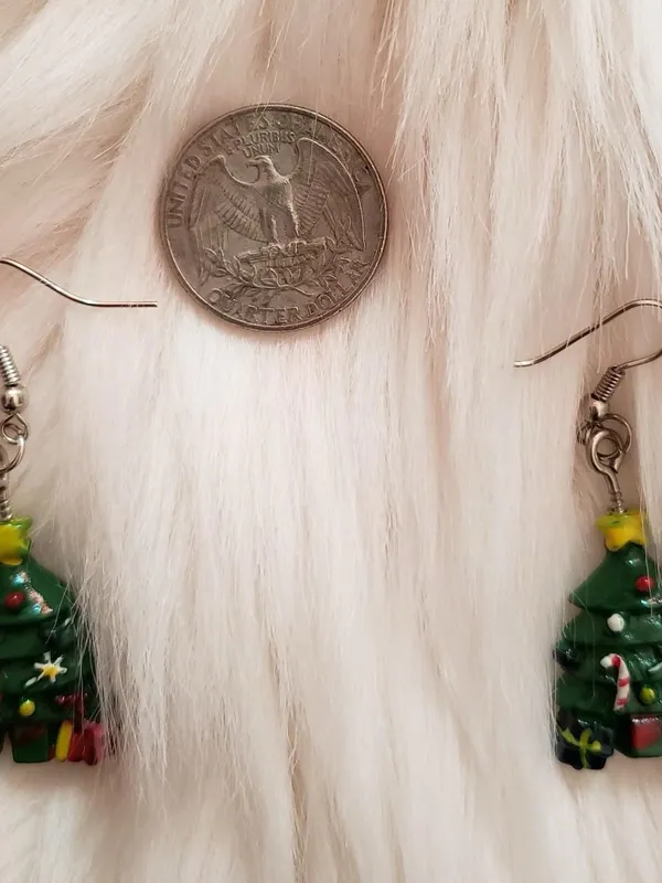 Bold Christmas tree statement piece earrings and tinsel scrunchie set. Green - Image 3